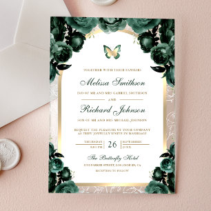 Emerald Green Floral Gold Arch Butterfly Wedding Acrylic Invitations