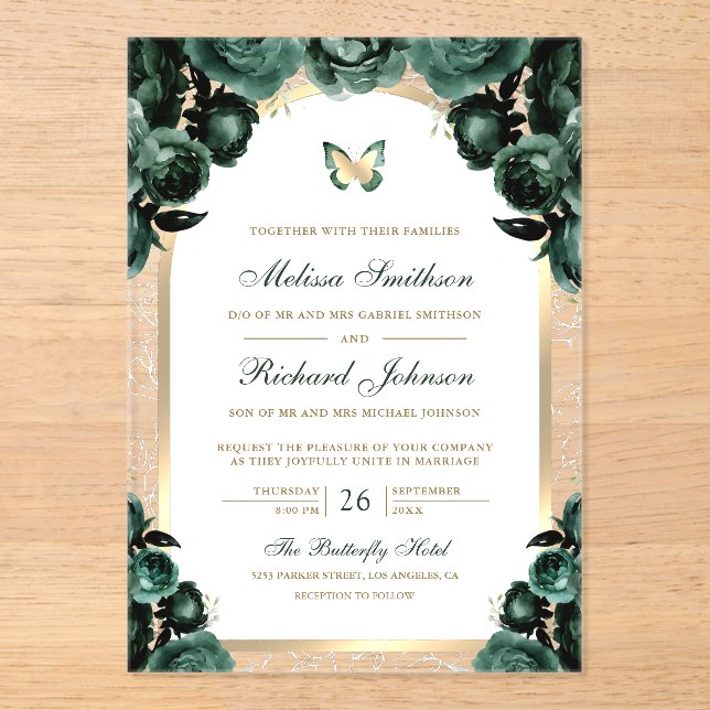 Emerald Green Floral Gold Arch Butterfly Wedding Acrylic Invitations (Front)