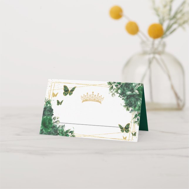 Emerald Green Floral Gold Butterflies Quinceañera Place Card (Front)