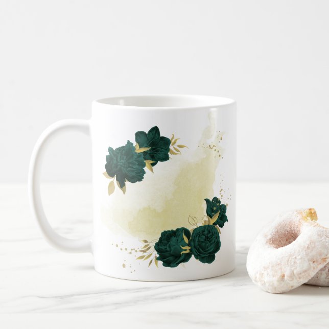 emerald green floral gold coffee mug (With Donut)