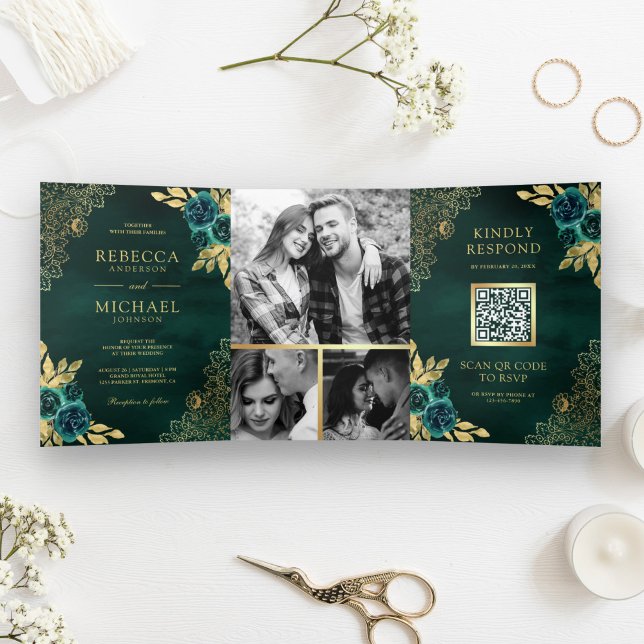 Emerald Green Floral Gold Lace QR Code Wedding Tri-Fold Invitation (Creator Uploaded)