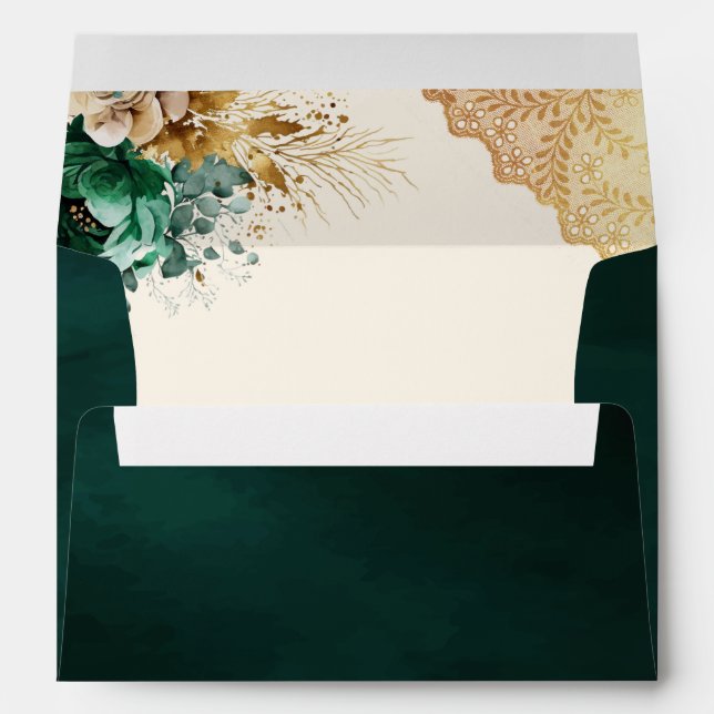 Emerald Green Floral Gold Lace Wedding Envelope (Back (Bottom))