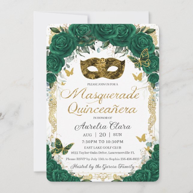 Emerald Green Floral Gold Masquerade Quinceañera Invitation (Front)