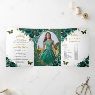 Emerald Green Floral Gold Quinceañera 15 Photos Tri-Fold Invitation
