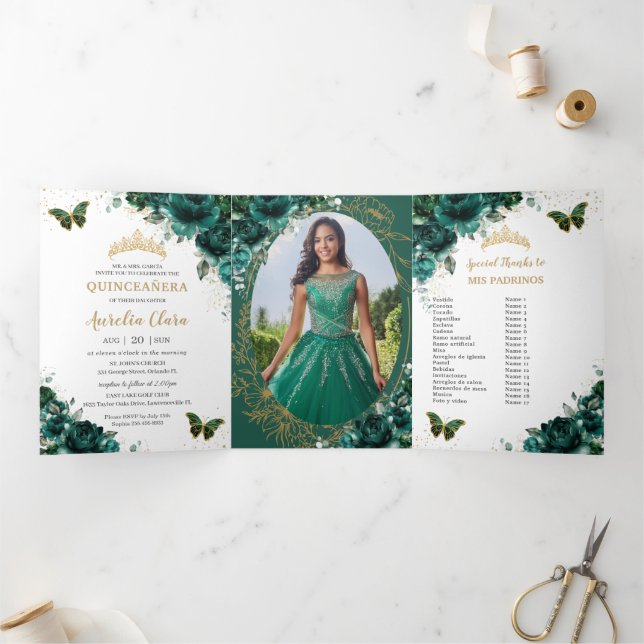 Emerald Green Floral Gold Quinceañera 15 Photos Tri-Fold Invitation (Inside)