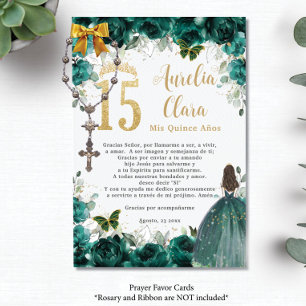Emerald Green Floral Gold Quinceañera Prayer Card