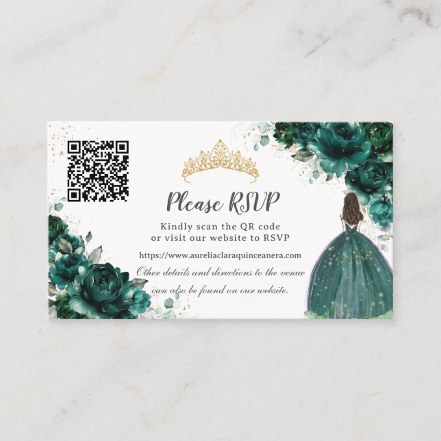 Emerald Green Floral Gold Quinceañera QR Code Enclosure Card (Front)