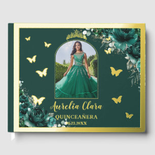 Emerald Green Floral Gold Quinceañera Quince Photo Guest Book