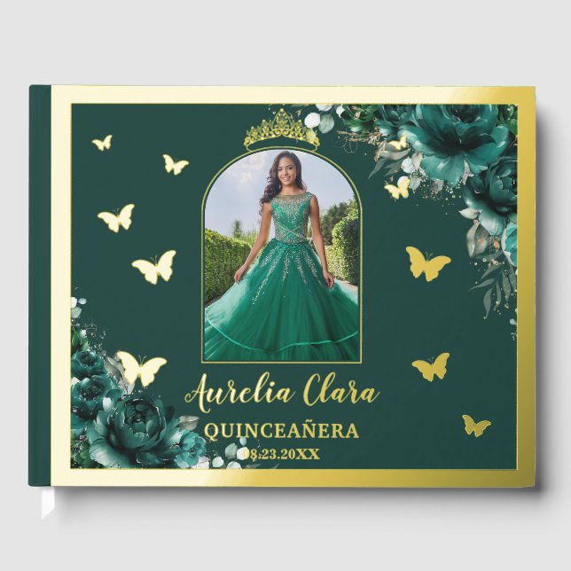 Emerald Green Floral Gold Quinceañera Quince Photo Guest Book (Front)