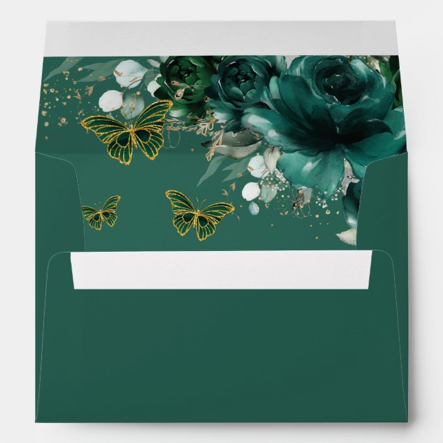 Emerald Green Floral Gold Quinceañera Sweet 16 Envelope (Back (Bottom))