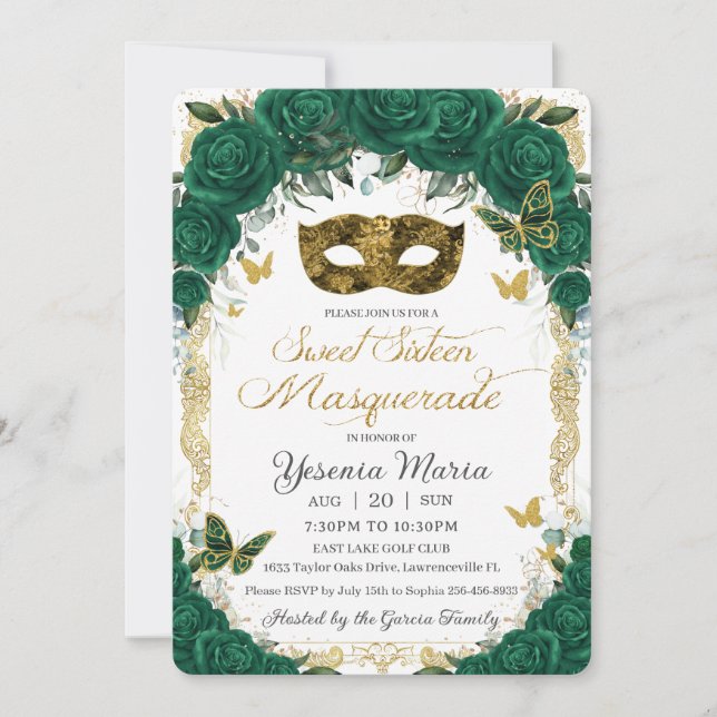 Emerald Green Floral Gold Sweet Sixteen Masquerade Invitation (Front)