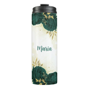 emerald green floral gold thermal tumbler
