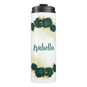 emerald green floral gold thermal tumbler