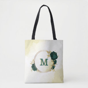 emerald green floral gold tote bag