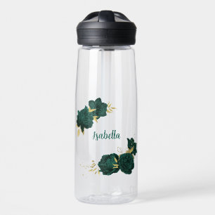 emerald green floral gold water bottle