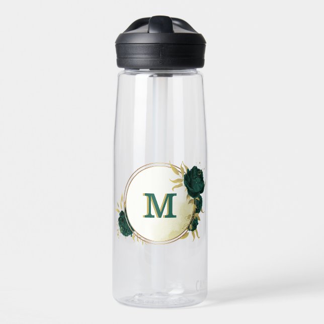 emerald green floral gold water bottle (Front)