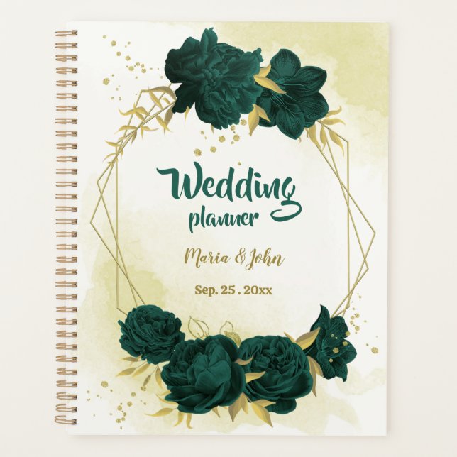 emerald green floral gold wedding planner (Front)