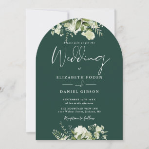 Emerald Green Floral Greenery QR Code Wedding Arch Invitation