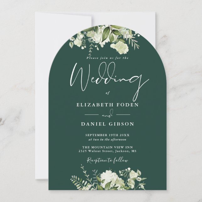 Emerald Green Floral Greenery QR Code Wedding Arch Invitation (Front)
