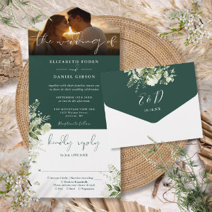 Emerald Green Floral Greenery Wedding Photo All In One Invitation