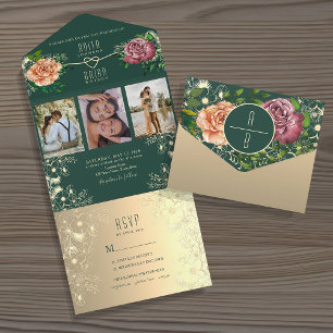 Emerald Green Floral Jewel Tone Wedding All In One Invitation