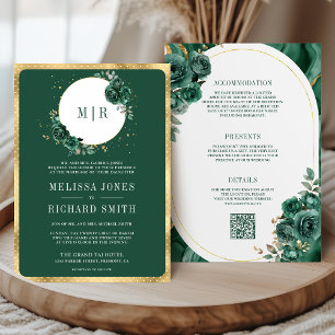 Emerald Green Floral Marble All in One Wedding Invitation