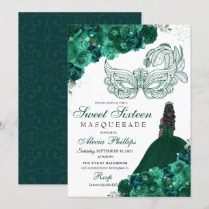 Emerald Green Floral Masquerade Sweet 16 Invitatio Invitation