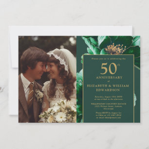 Emerald Green Floral Modern 50th Anniversary Photo Invitation