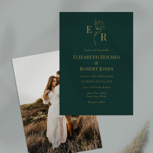 Emerald Green Floral Monogram Photo Wedding Invitation