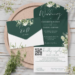 Emerald Green Floral Monogram QR Code Wedding All In One Invitation<br><div class="desc">All in one emerald green wedding invitation featuring botanical greenery,  rustic leaves and elegant typography. The invitation includes a perforated RSVP card with your wedding website QR code and details. Designed by Thisisnotme©</div>