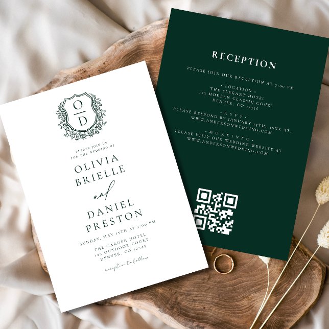 Emerald Green Floral Monogram Wedding QR Code Invitation (Creator Uploaded)