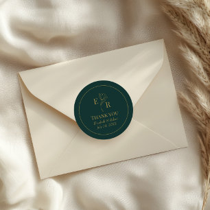 Emerald Green Floral Monogram Wedding Thank You Classic Round Sticker