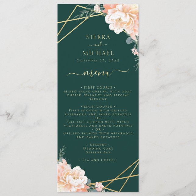 Emerald Green Floral Peach Gold Wedding Reception Menu (Front)