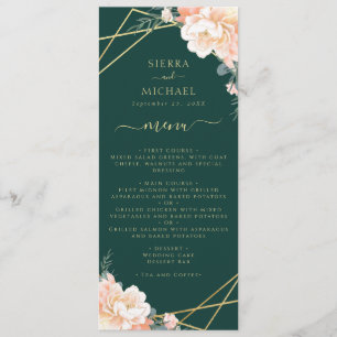 Emerald Green Floral Peach Gold Wedding Reception Menu