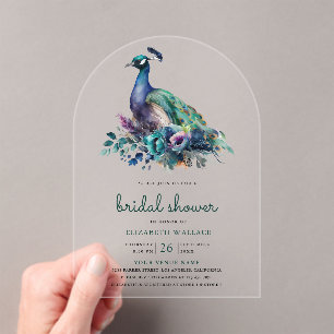 Emerald Green Floral Peacock Bridal Shower Acrylic Invitations