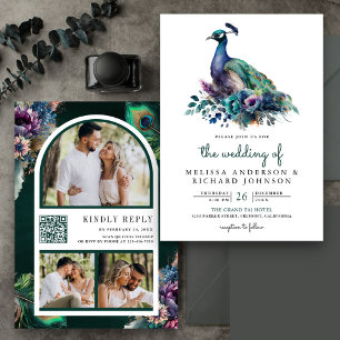 Emerald Green Floral Peacock Photo QR Code Wedding Invitation