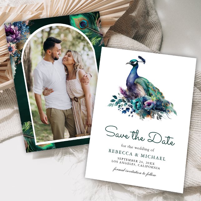 Emerald Green Floral Peacock Photo Wedding Save The Date (Creator Uploaded)