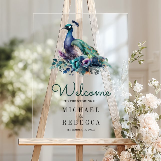 Emerald Green Floral Peacock Wedding Welcome Acrylic Sign (Creator Uploaded)