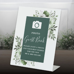 Emerald Green Floral Photo Guest Book Wedding Pedestal Sign