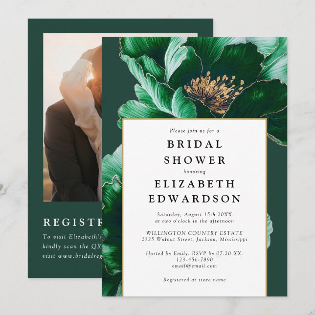 Emerald Green Floral Photo QR Code Bridal Shower Invitation (Front/Back)