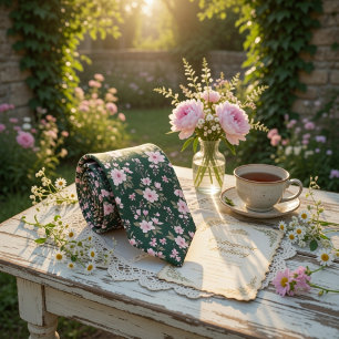 Emerald Green Floral Pink Blossom Tie
