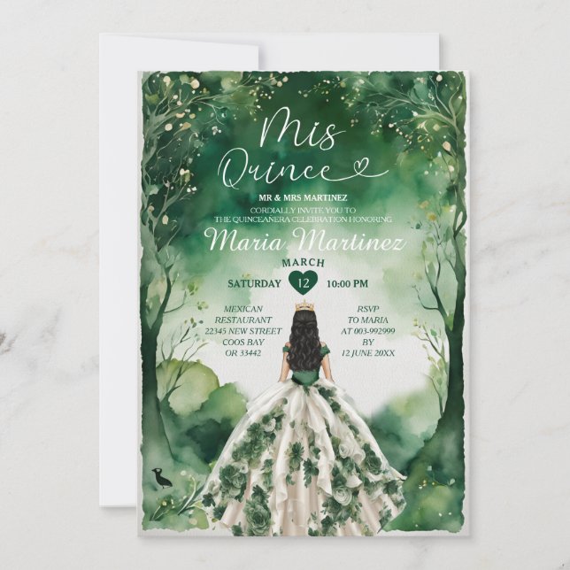 Emerald Green Floral Princess Dress Mis Quince Invitation (Front)