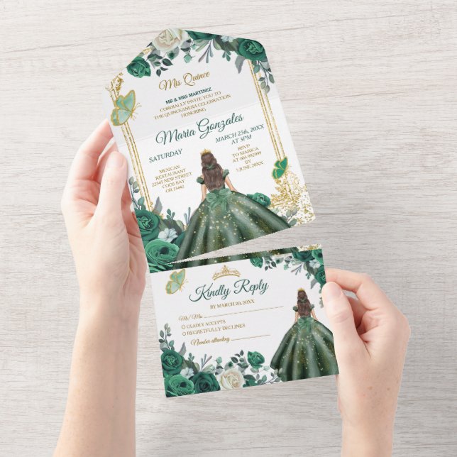 Emerald Green Floral Princess Gold Quinceañera All In One Invitation (Tearaway)