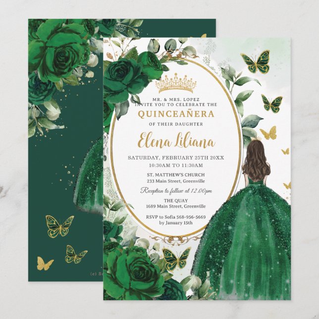 Emerald Green Floral Princess Gold Quinceañera Invitation (Front/Back)