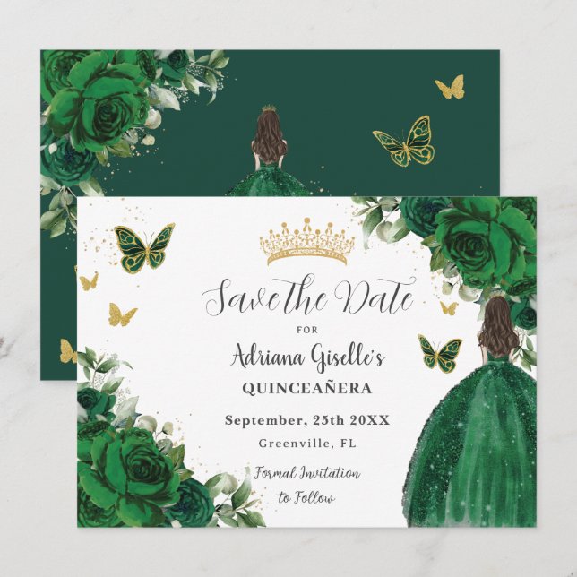 Emerald Green Floral Princess Gold Quinceañera Save The Date (Front/Back)