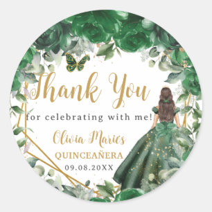 Emerald Green Floral Princess Quinceañera Favour Classic Round Sticker