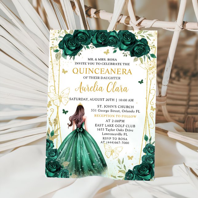 Emerald Green Floral Princess Quinceañera Invitation (Creator Uploaded)