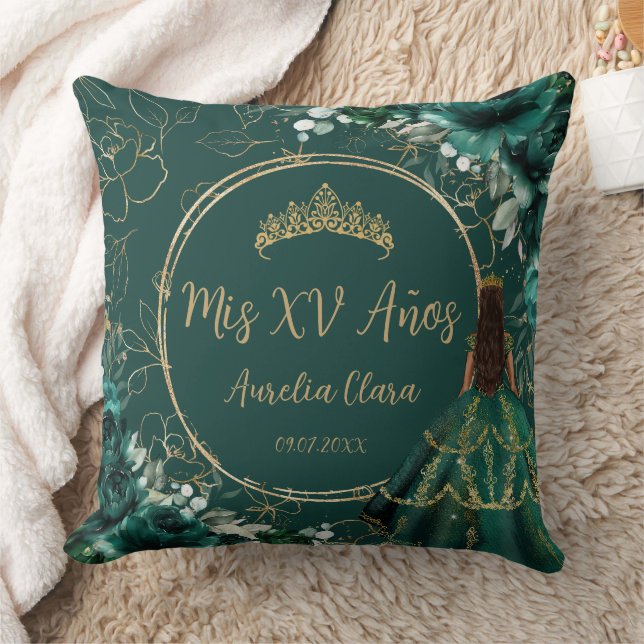 Emerald Green Floral Princess Quinceañera Keepsake Cushion (Blanket)