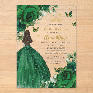 Emerald Green Floral Princess Quinceañera Sweet 16 Acrylic Invitations