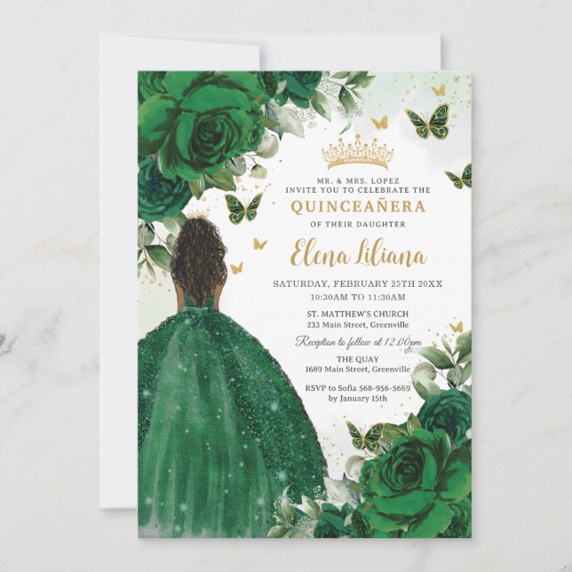 Emerald Green Floral Princess Quinceañera Sweet 16 Invitation (Front)